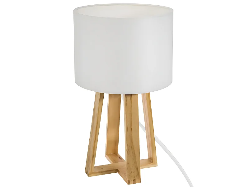 Lampe à poser, lampadaire en coton blanc et pieds en bois de pin naturel
