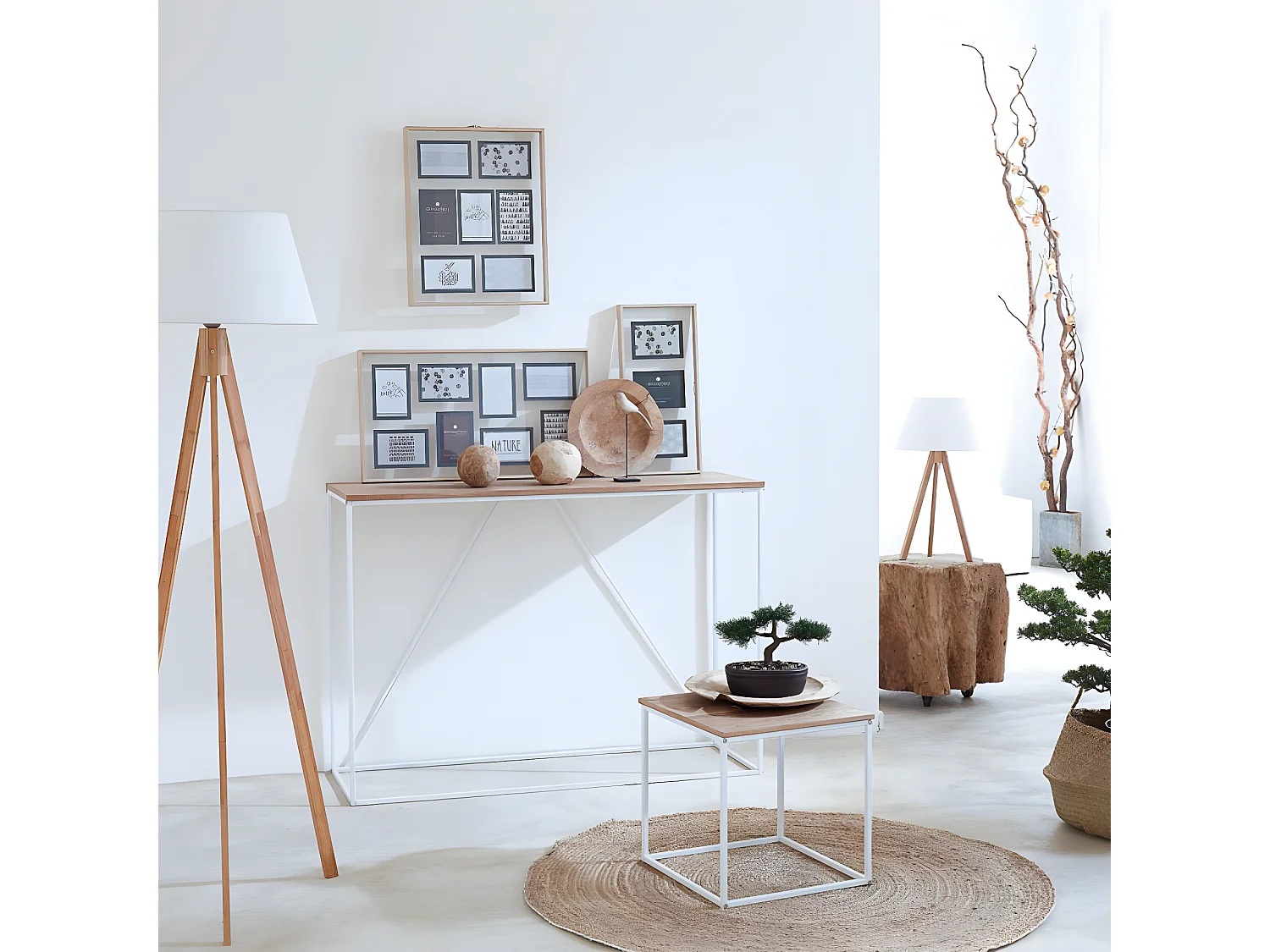 Lampe trépied à poser en Polypropylène coloris blanc, pieds en bambou naturel