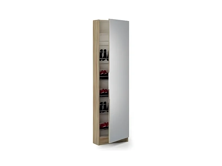 Armoire à chaussures Chêne brossé/Blanc perle avec miroir et 1 porte, L 50 x P 20 x H 180,50 cm
