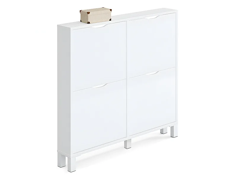 Commode Meuble à chaussures 4 portes blanc brillant - Hauteur 98 x Longueur 97 x Profondeur 17 cm
