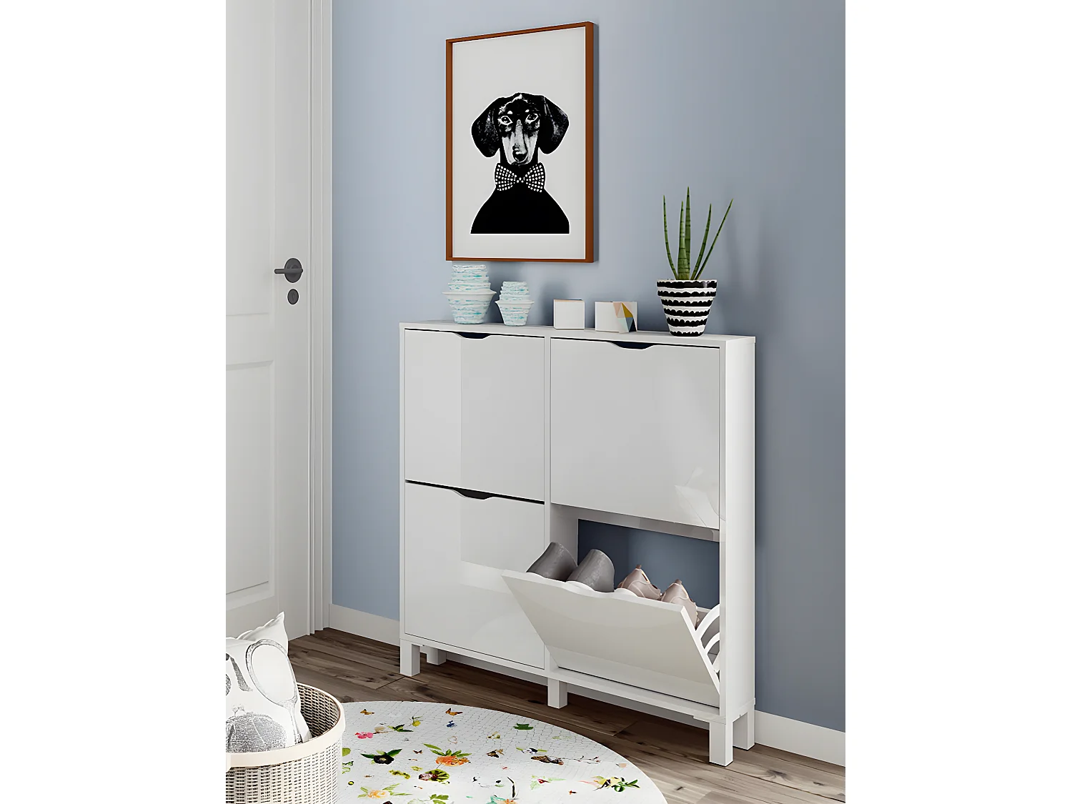 Commode Meuble à chaussures 4 portes blanc brillant - Hauteur 98 x Longueur 97 x Profondeur 17 cm