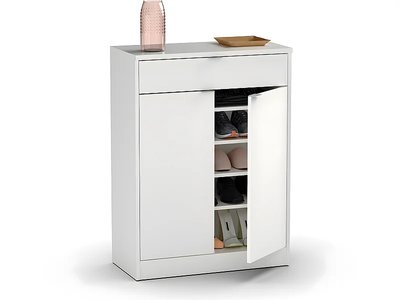 Commode meuble à chaussures coloris blanc brillant - Hauteur 101 x Longueur 75 x Profondeur 36 cm