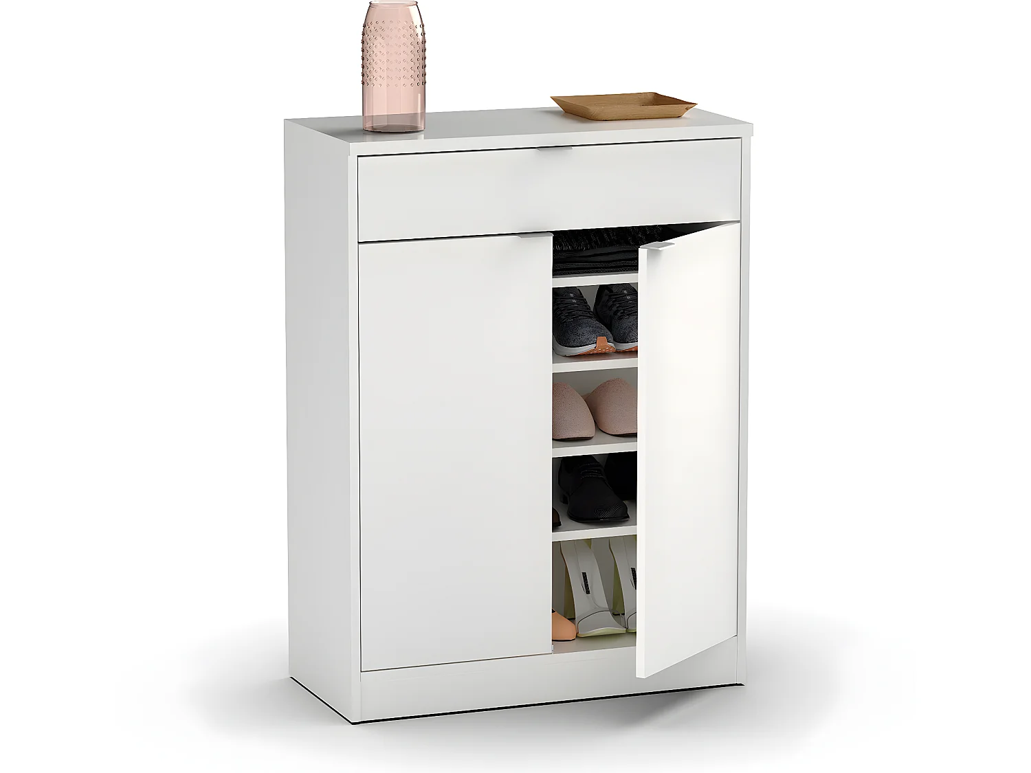 Commode meuble à chaussures coloris blanc brillant - Hauteur 101 x Longueur 75 x Profondeur 36 cm