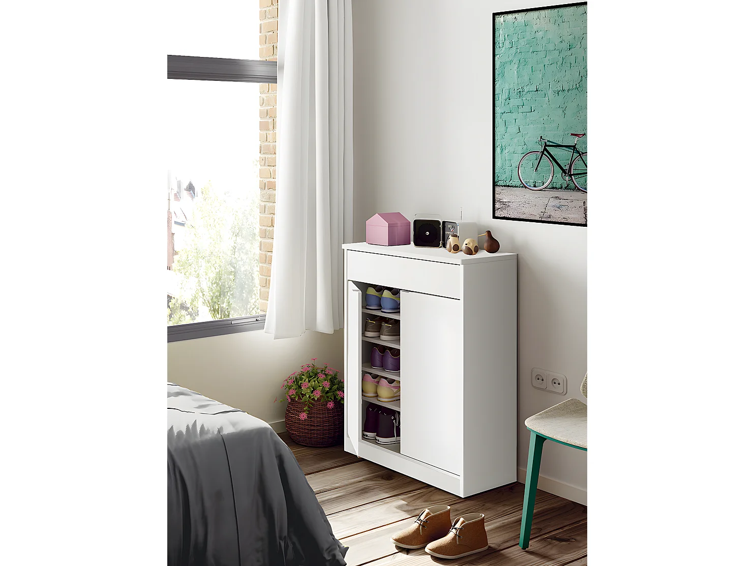 Commode meuble à chaussures coloris blanc brillant - Hauteur 101 x Longueur 75 x Profondeur 36 cm