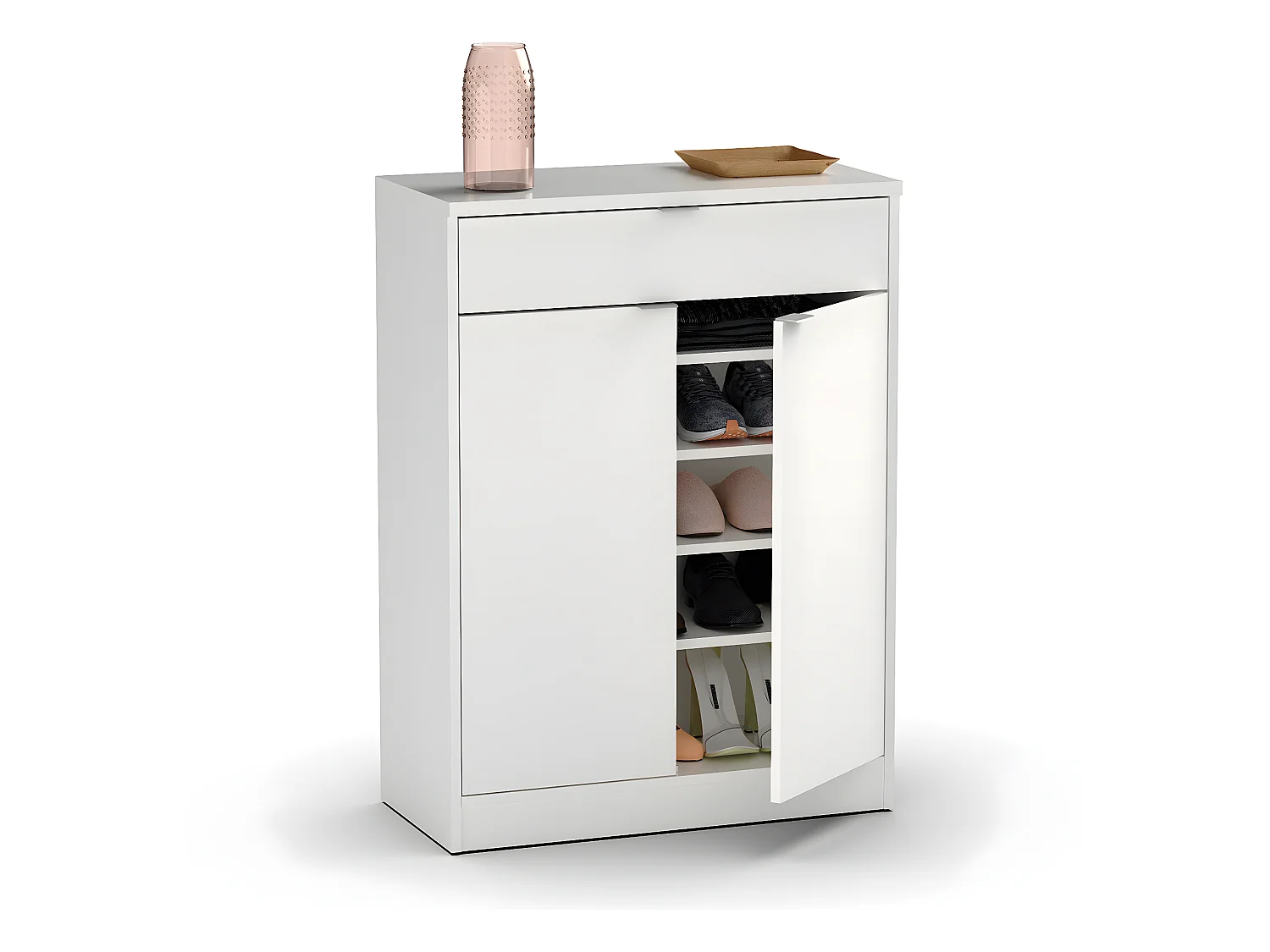 Commode meuble à chaussures coloris blanc brillant - Hauteur 101 x Longueur 75 x Profondeur 36 cm