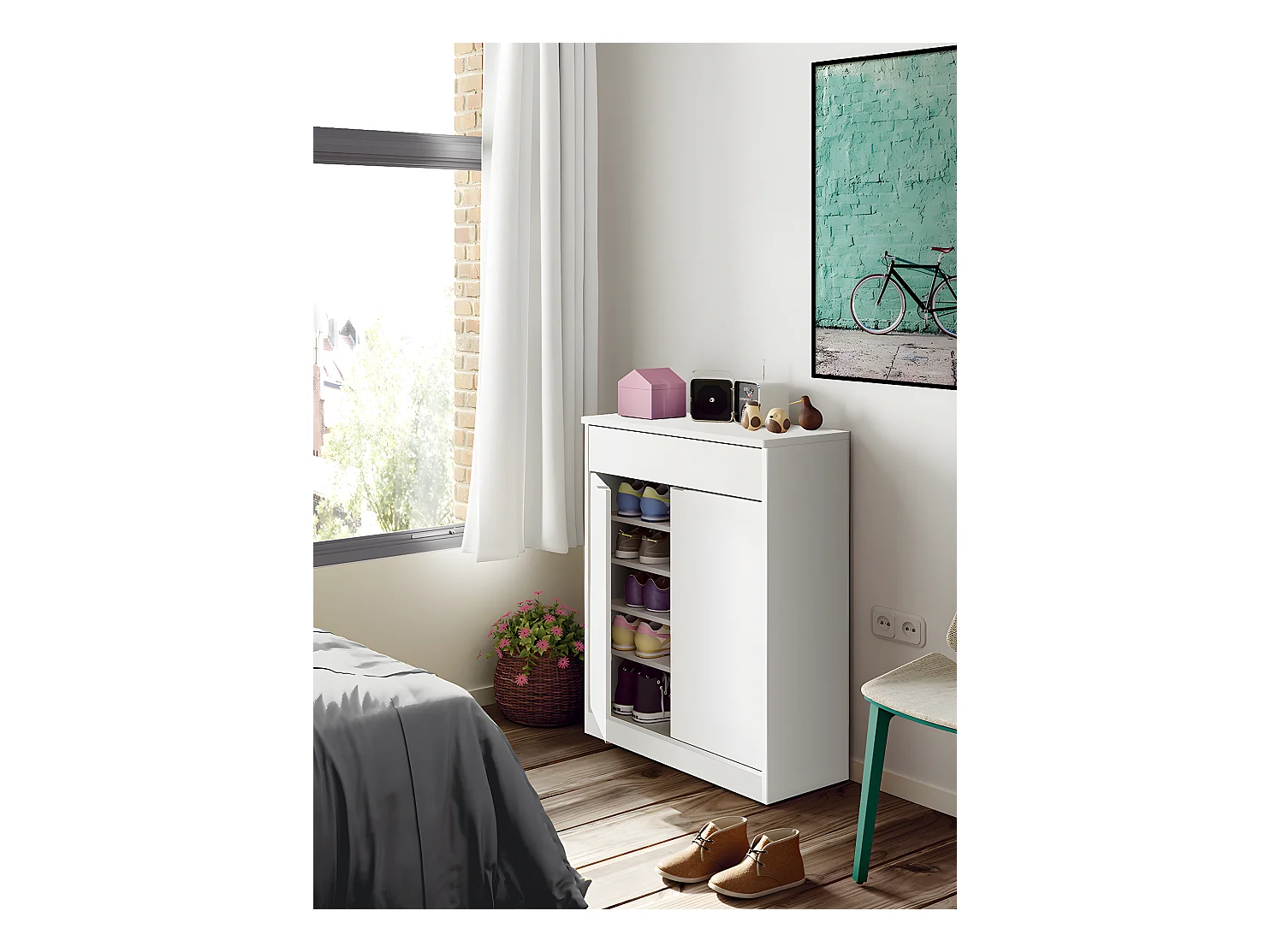 Commode meuble à chaussures coloris blanc brillant - Hauteur 101 x Longueur 75 x Profondeur 36 cm