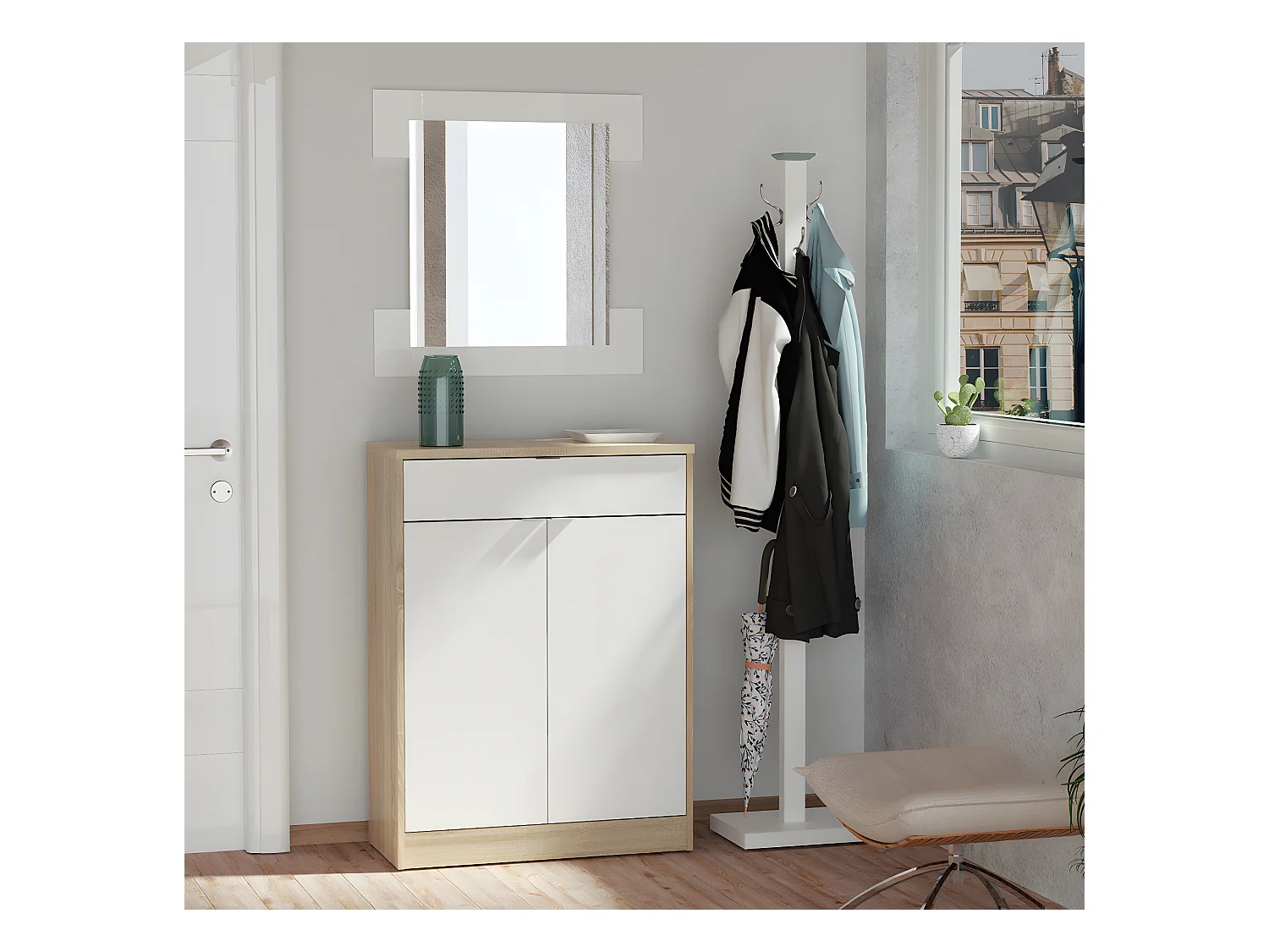 Commode meuble à chaussures coloris blanc brillant / cambrian - Hauteur 101 x Longueur 75 x Profondeur 36 cm