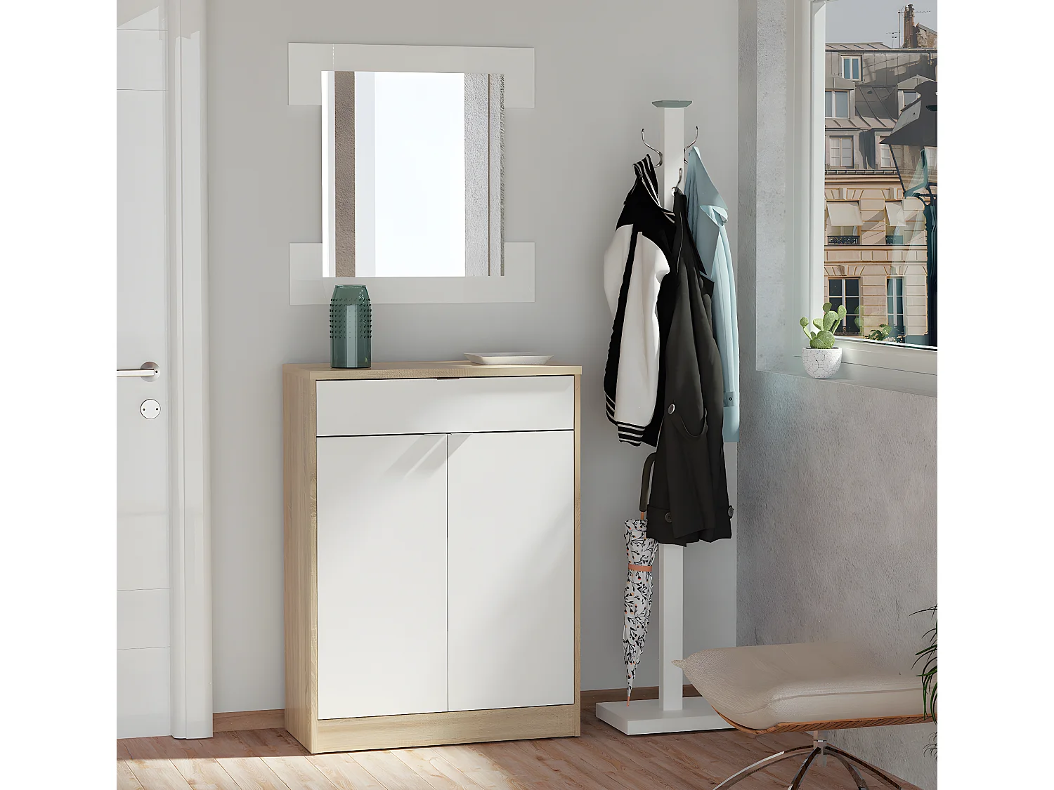 Commode meuble à chaussures coloris blanc brillant / cambrian - Hauteur 101 x Longueur 75 x Profondeur 36 cm