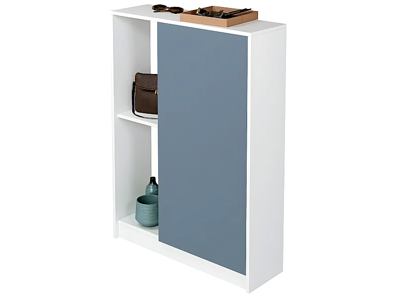 Meuble à chaussures 1 porte coloris blanc brillant / bleu - Hauteur 110 x Longueur 80 x Profondeur 25 cm