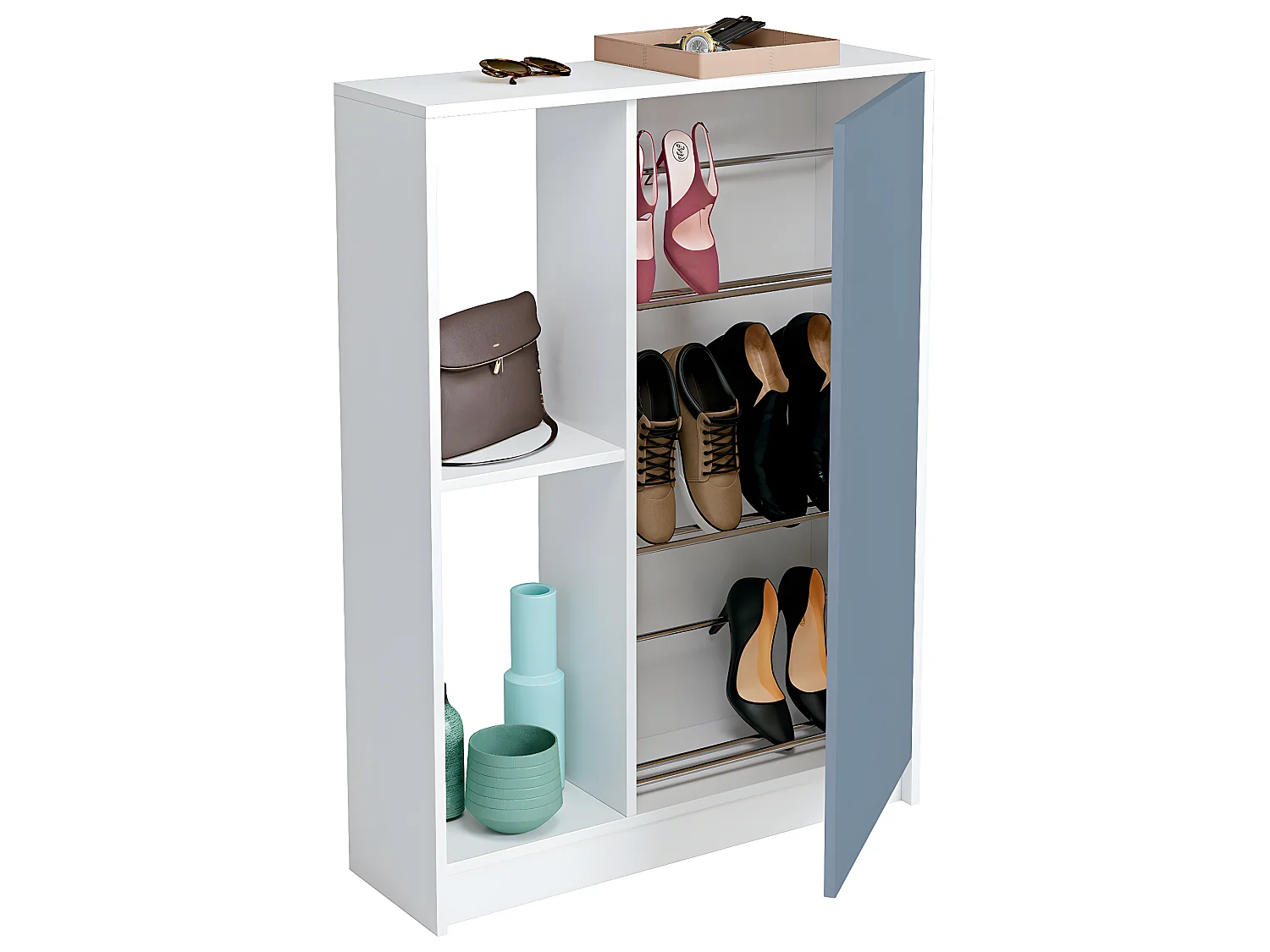 Meuble à chaussures 1 porte coloris blanc brillant / bleu - Hauteur 110 x Longueur 80 x Profondeur 25 cm