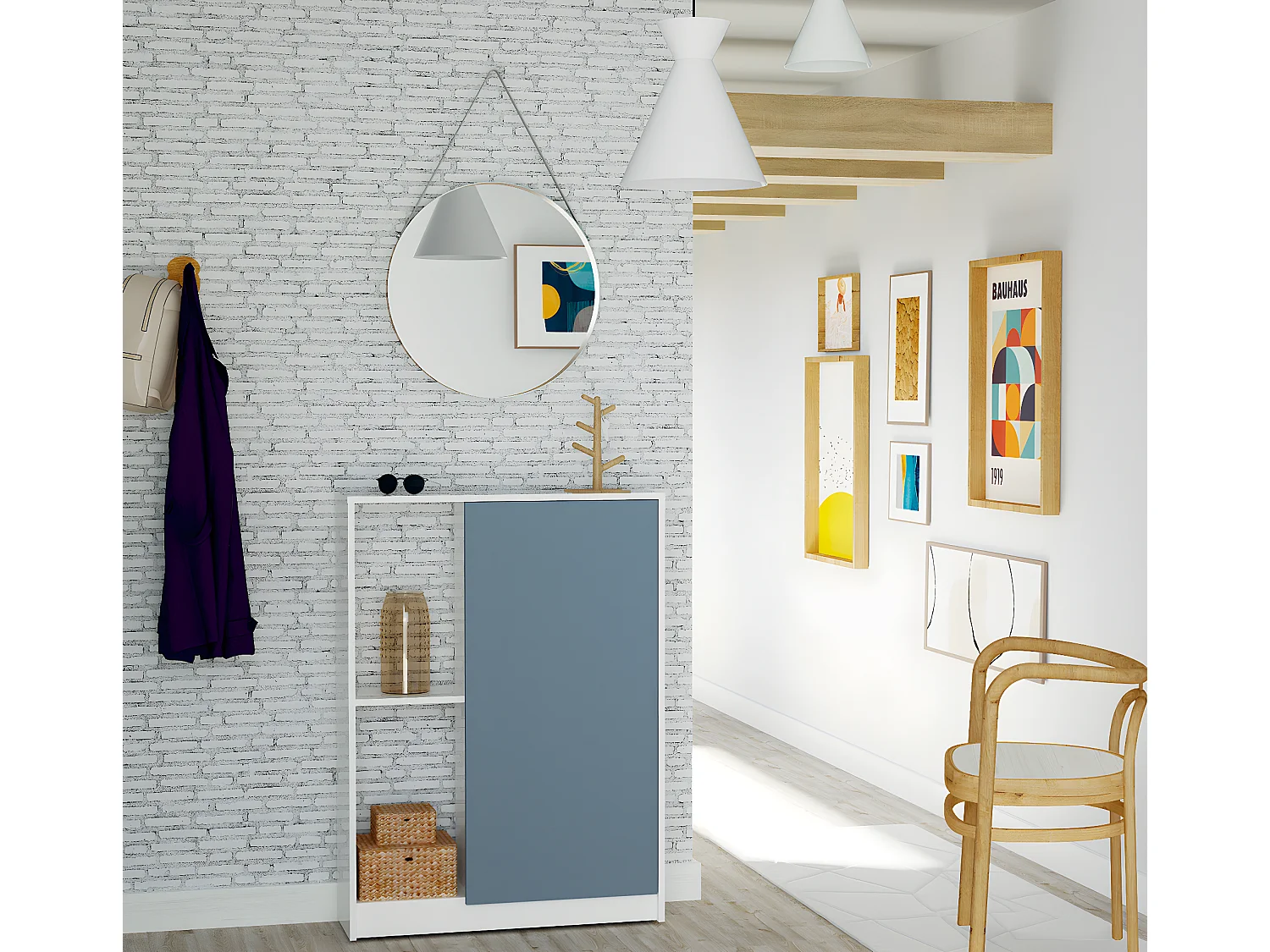 Meuble à chaussures 1 porte coloris blanc brillant / bleu - Hauteur 110 x Longueur 80 x Profondeur 25 cm