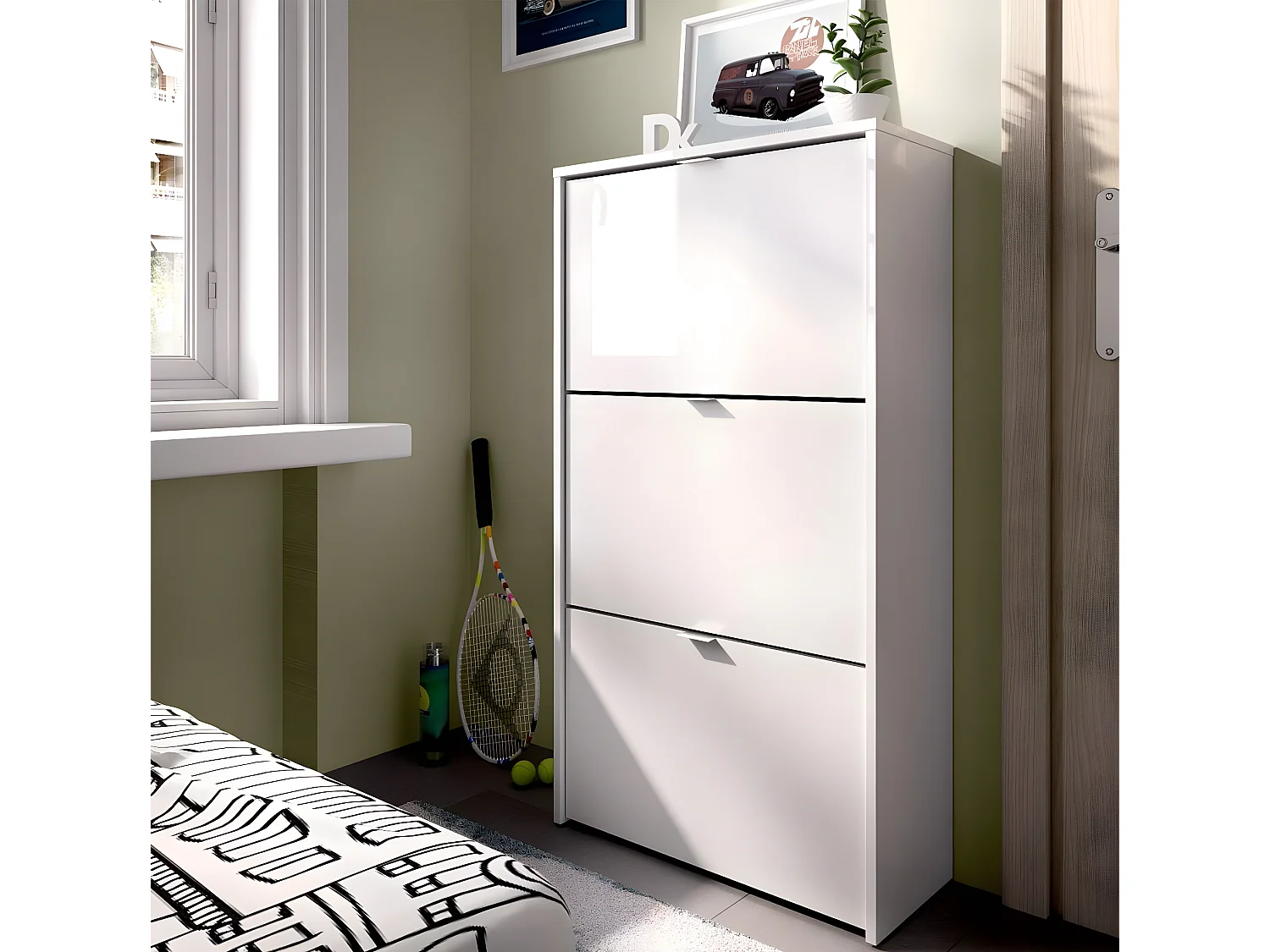 Commode meuble à chaussures 3 portes coloris blanc - Longueur 61 x Profondeur 25 x Hauteur 113 cm