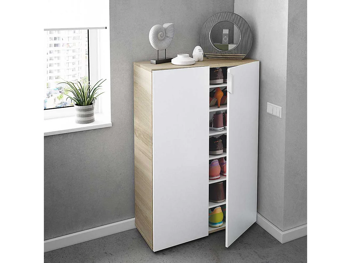 Meuble à Chaussures avec 6 étagéres coloris chêne candien / blanc artic - Hauteur 103 x Longueur 72 x Profondeur 36 cm