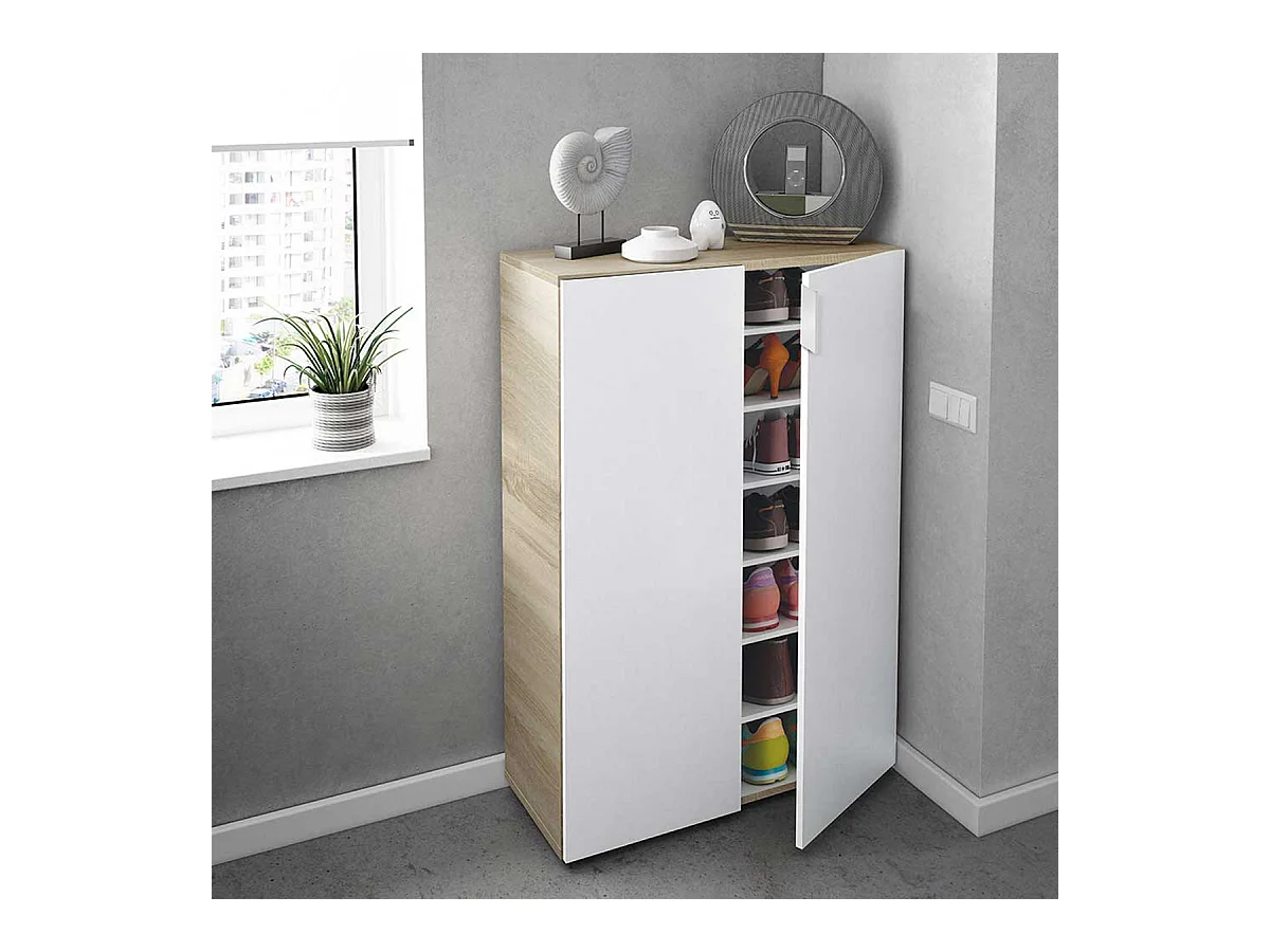 Meuble à Chaussures avec 6 étagéres coloris chêne candien / blanc artic - Hauteur 103 x Longueur 72 x Profondeur 36 cm