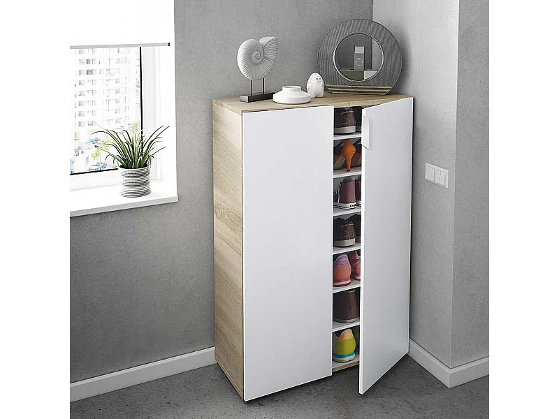 Meuble à Chaussures avec 6 étagéres coloris chêne candien / blanc artic - Hauteur 103 x Longueur 72 x Profondeur 36 cm