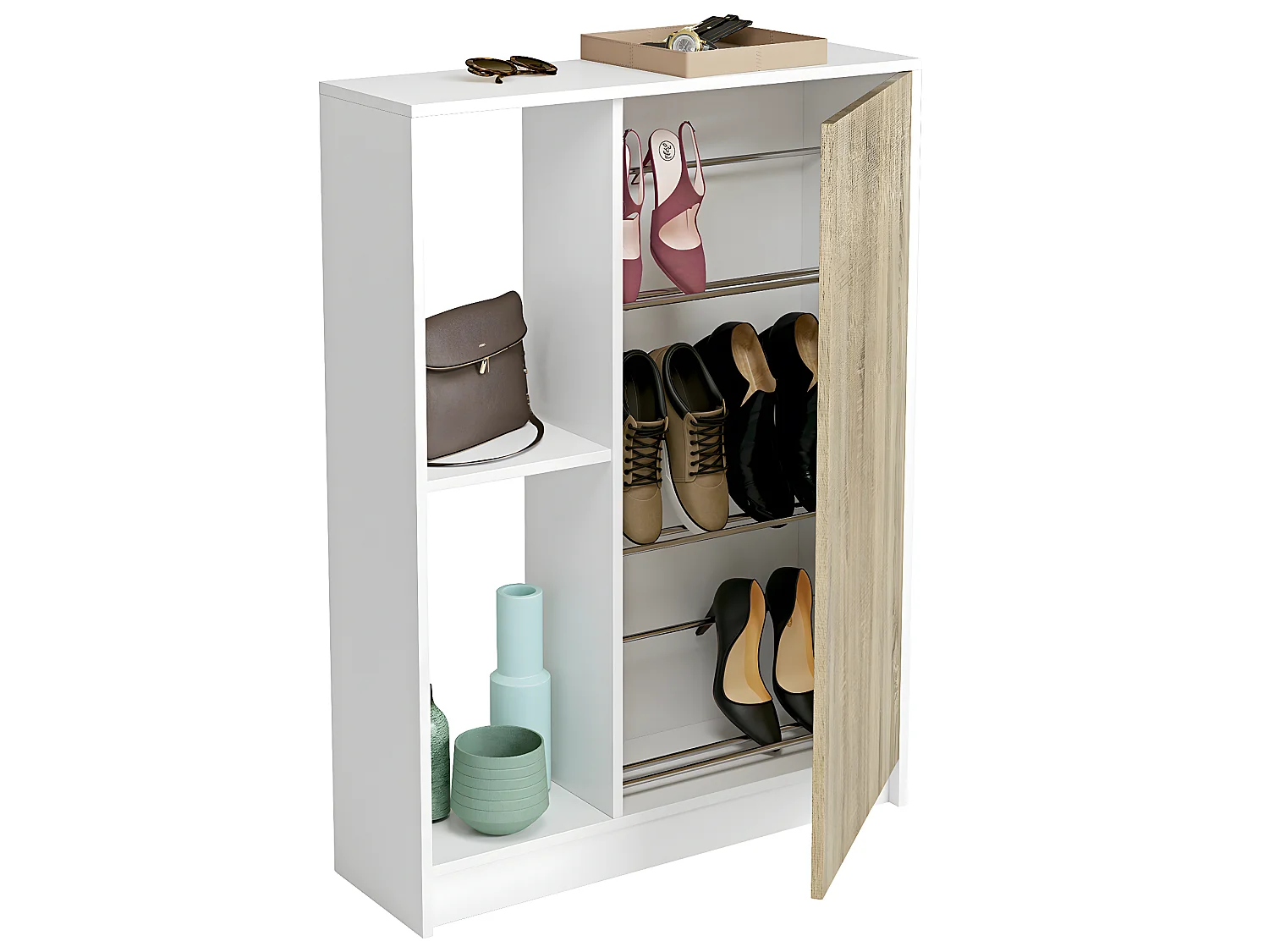 Meuble à chaussures 1 porte coloris blanc brillant/cambrian - Hauteur 110 x Longueur 80 x Profondeur 25 cm