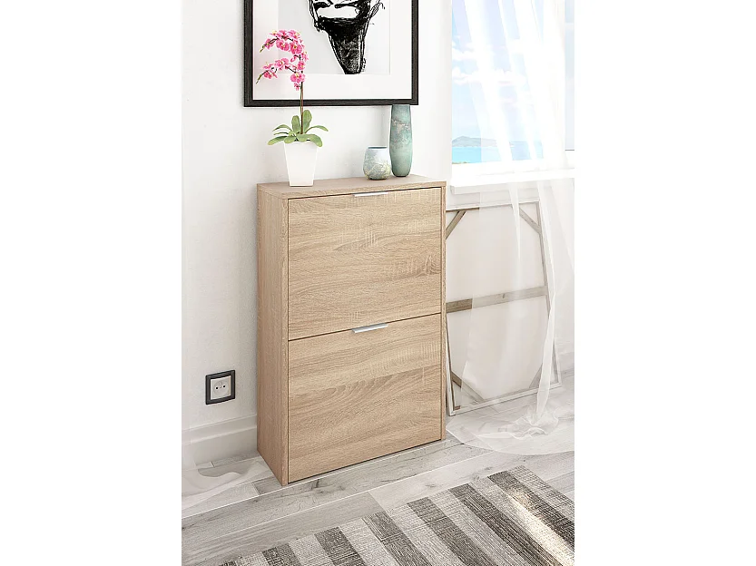 Meuble à Chaussures avec 2 abattants coloris chêne canadien -longueur 50 cm x profondeur 22 cm x hauteur 76 cm