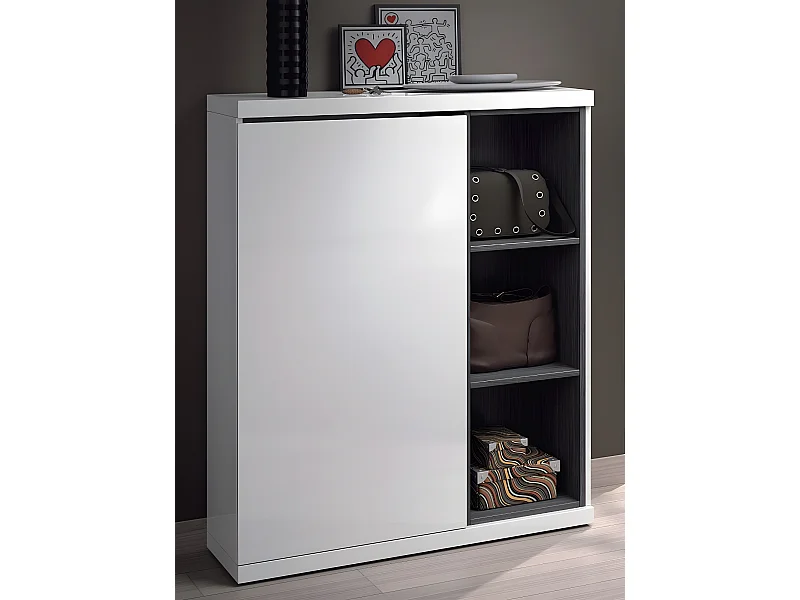 Meuble à chaussures avec 1 porte et 3 étagéres, coloris blanc brillant, 108 x 79 x 25 cm