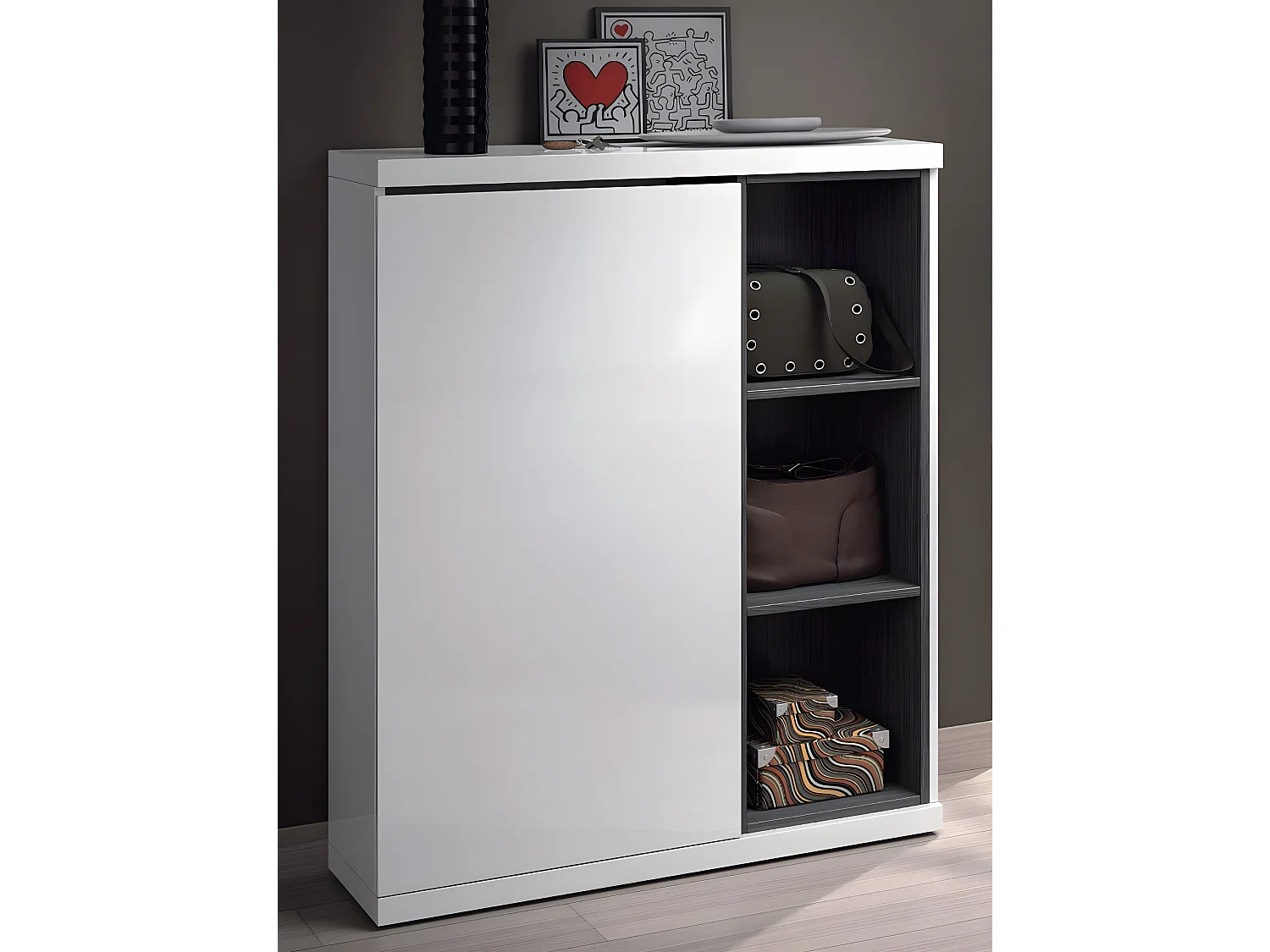 Meuble à chaussures avec 1 porte et 3 étagéres, coloris blanc brillant, 108 x 79 x 25 cm