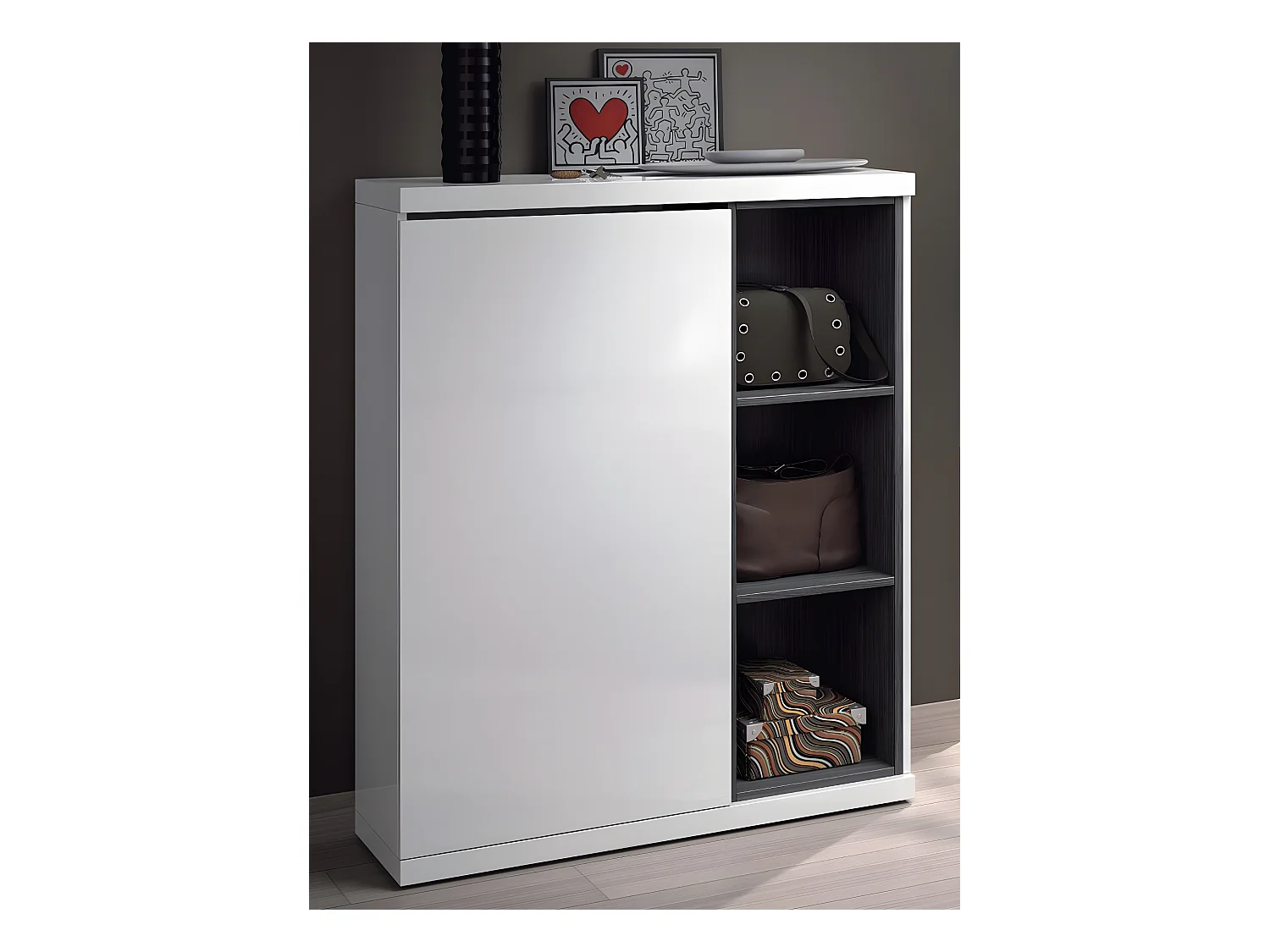 Meuble à chaussures avec 1 porte et 3 étagéres, coloris blanc brillant, 108 x 79 x 25 cm