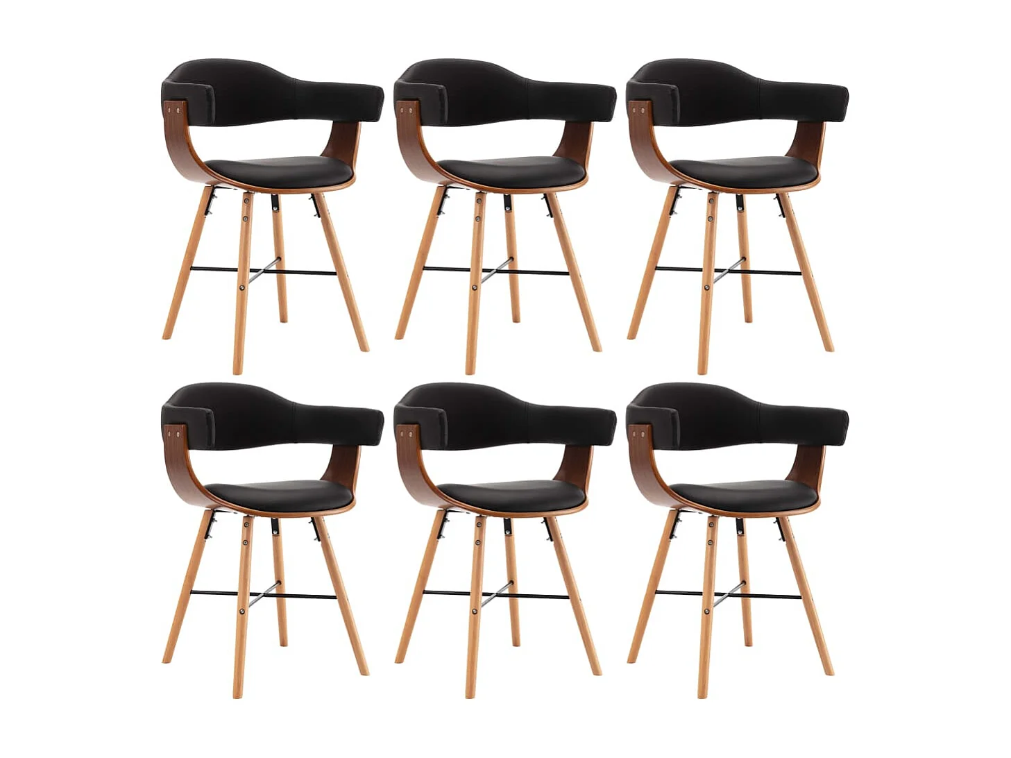 Cadeiras jantar 6 peças couro artificial preto e madeira curvada