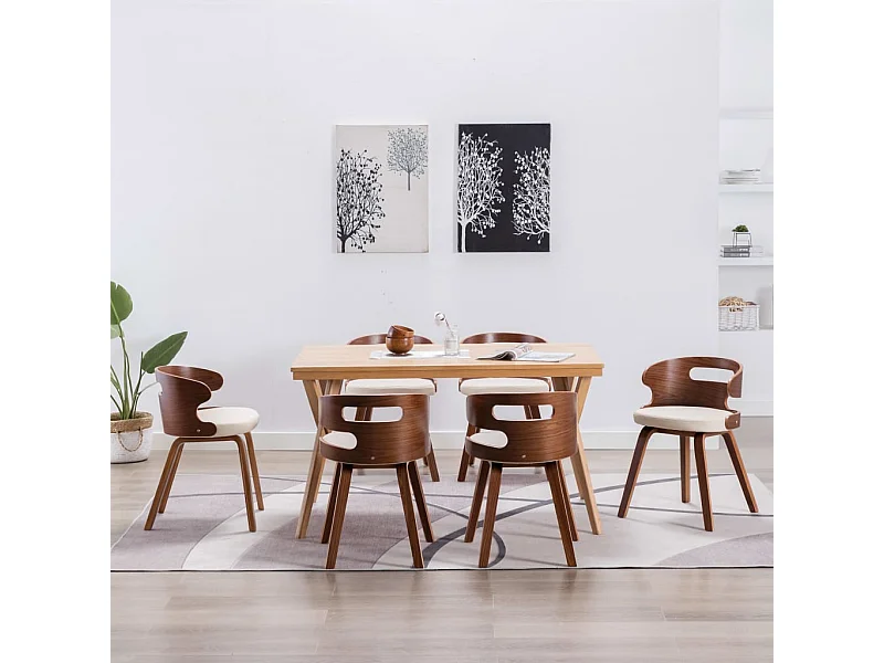 Cadeiras jantar 6 peças madeira curvada e couro artificial creme