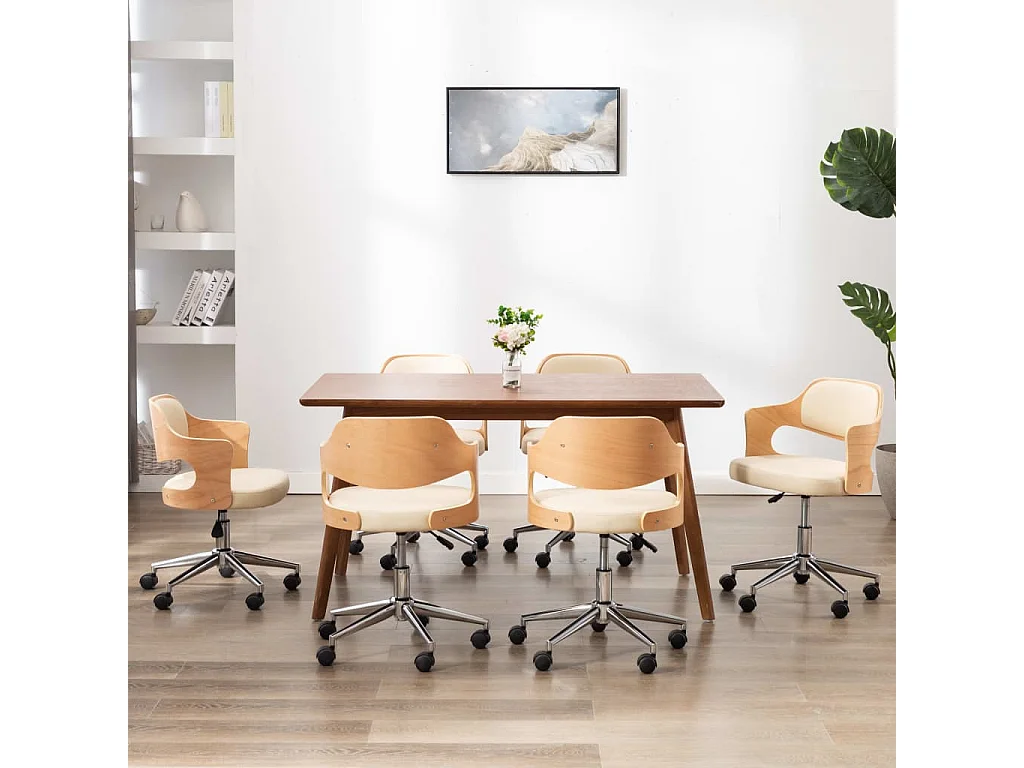 Eetkamerstoelen draaibaar 6 st gebogen hout en kunstleer crème