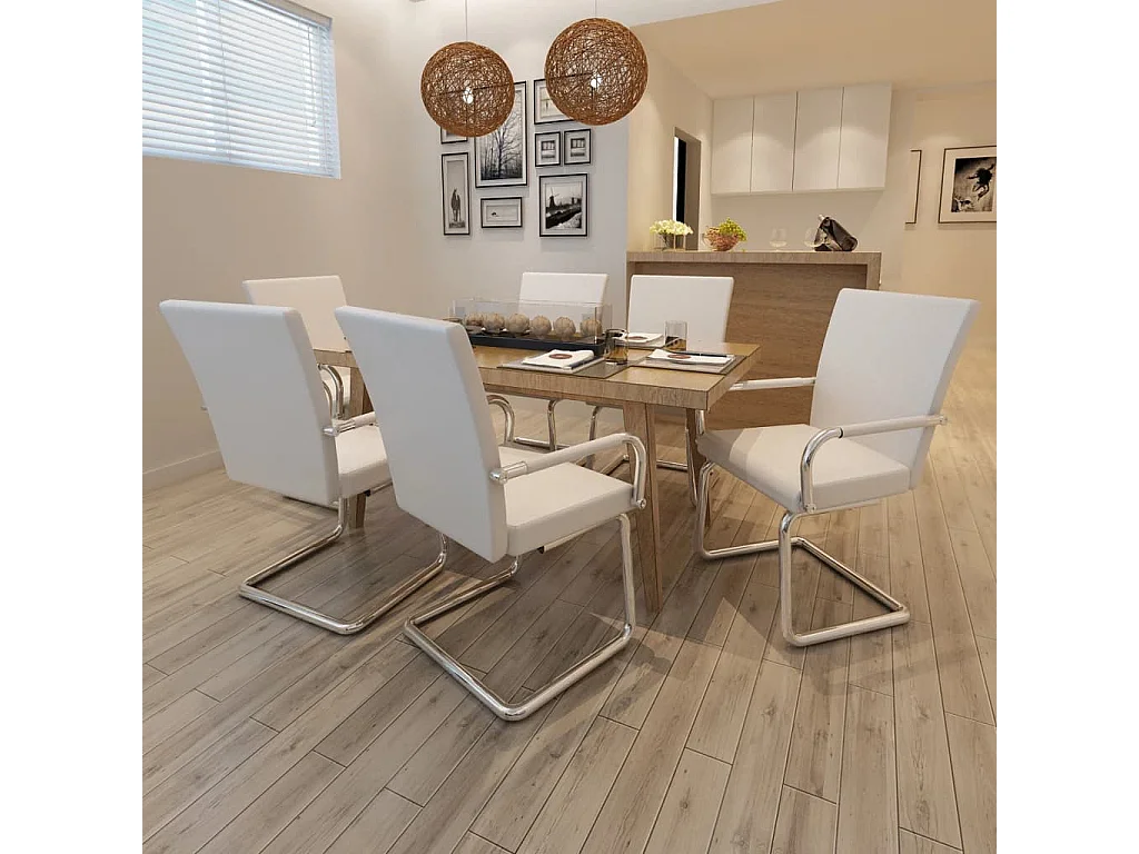 Cadeiras de jantar cantilever 6 peças couro artificial branco