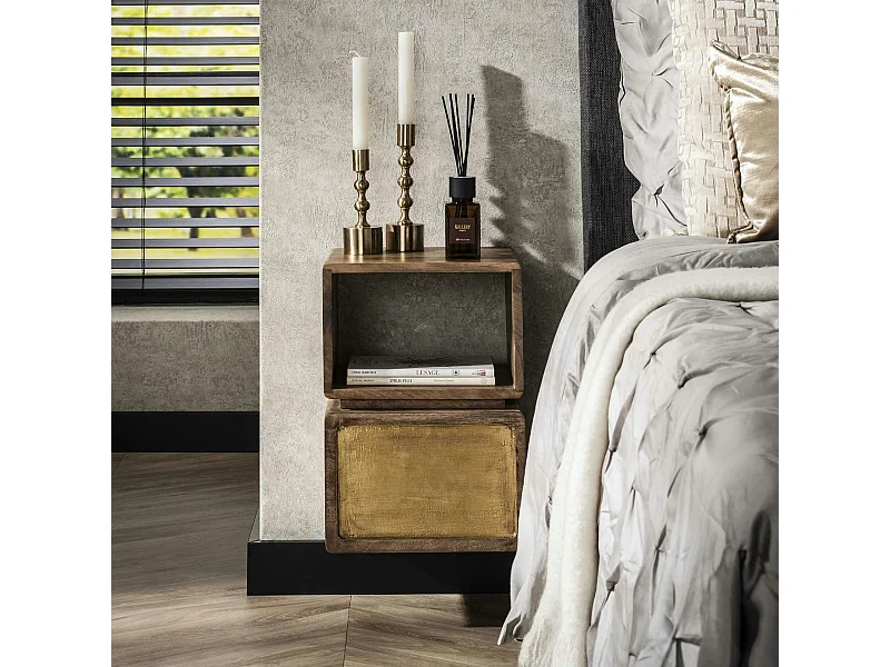 Table de nuit murale en bois de manguier forme cube, 1 tiroir finition cuivrée VARA