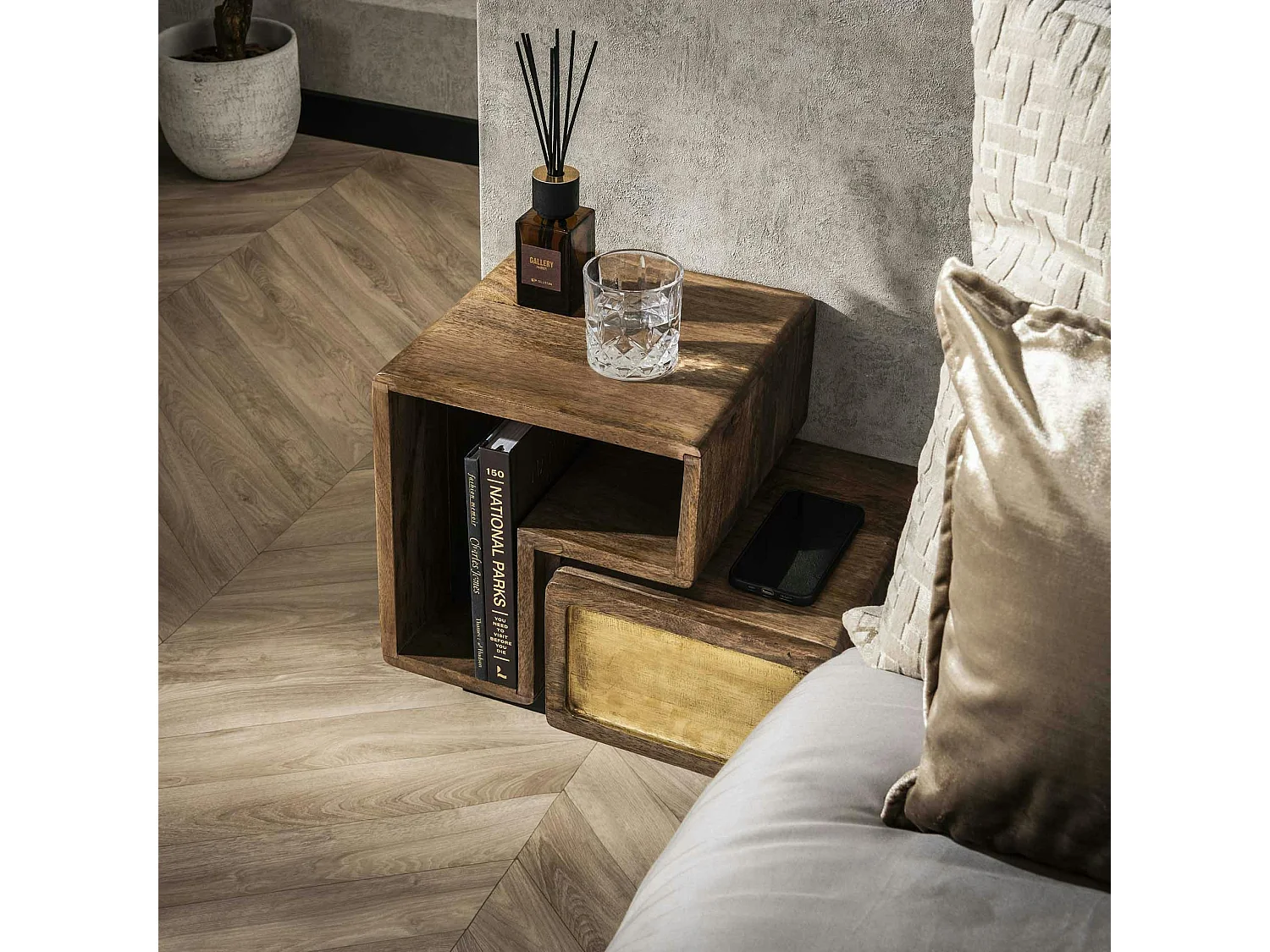 Table de nuit murale 2 blocs en bois finition cuivrée (lot de 2) VARA