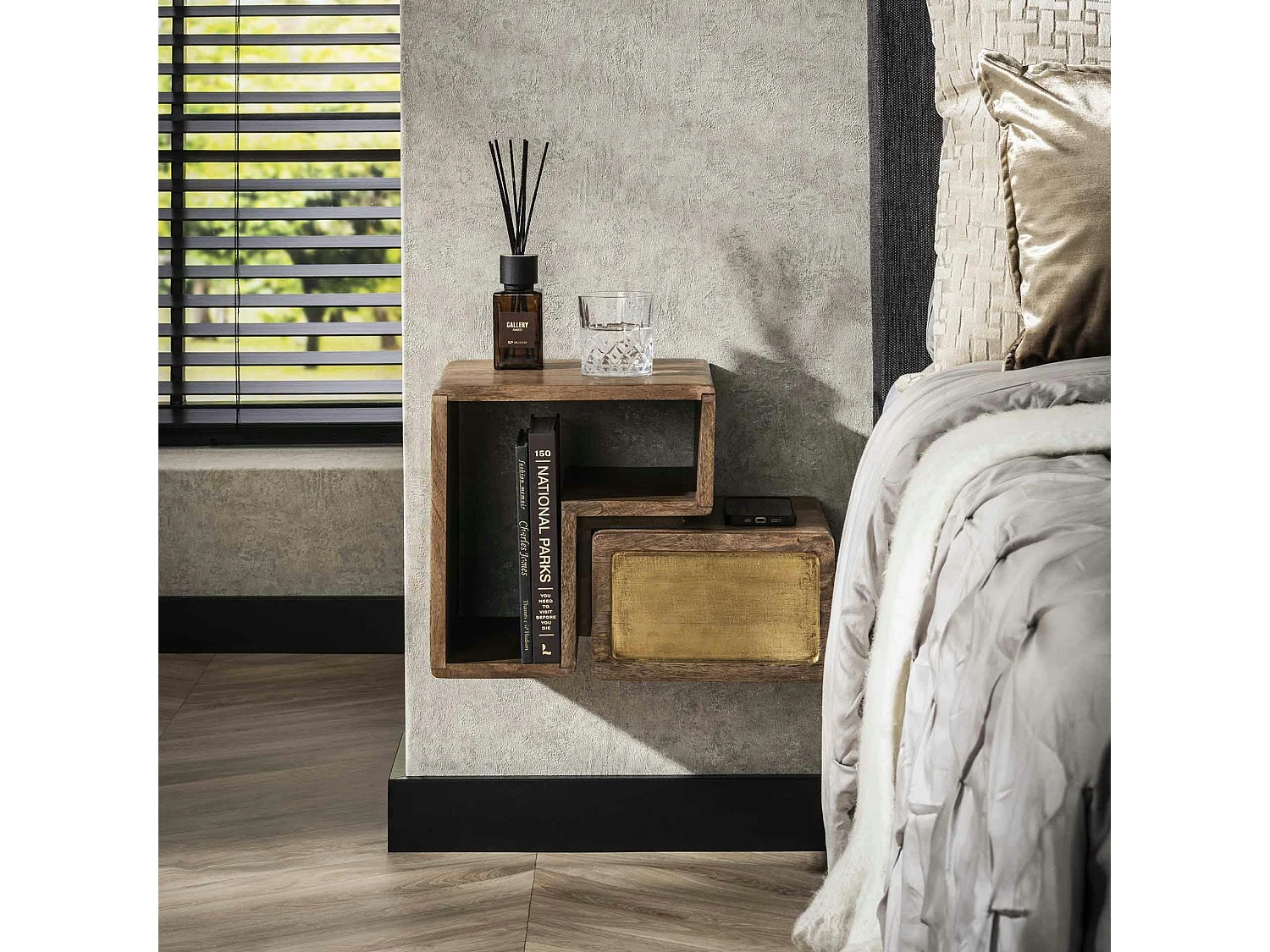 Table de nuit murale 2 blocs en bois finition cuivrée (lot de 2) VARA