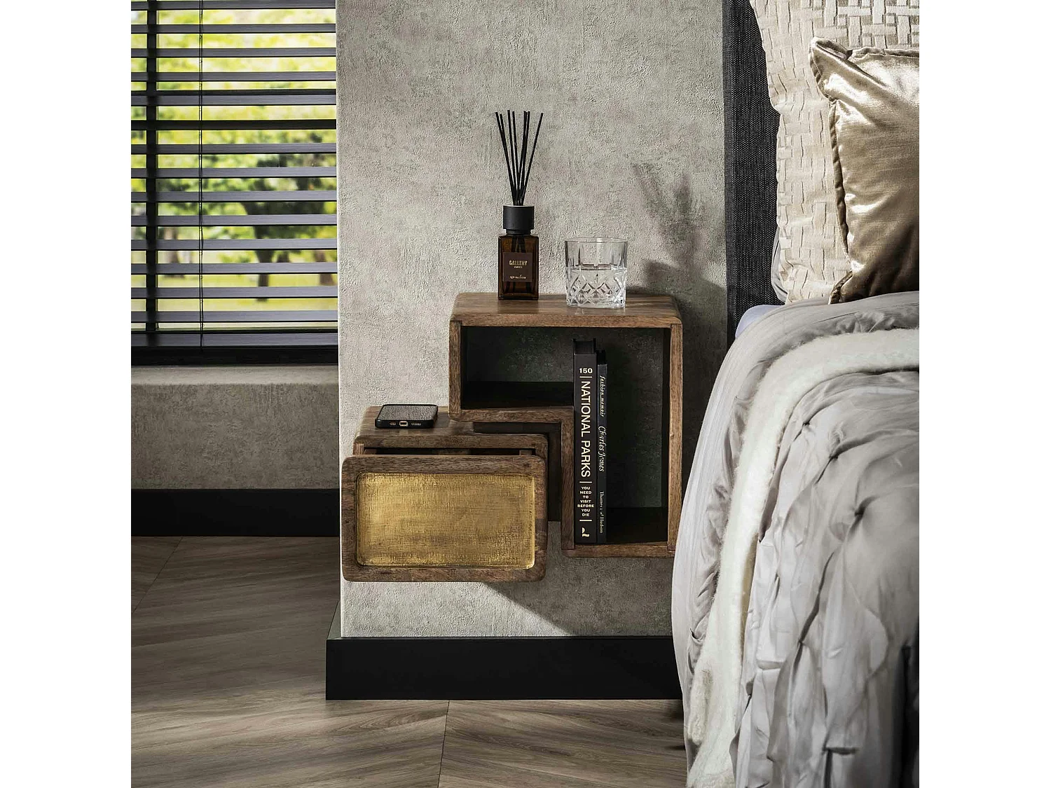 Table de nuit murale 2 blocs en bois finition cuivrée (lot de 2) VARA