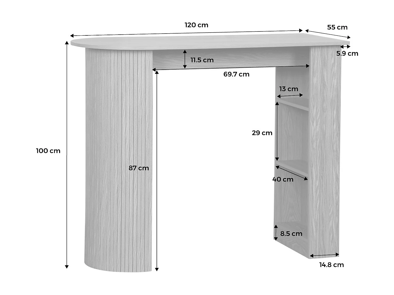 Table bar. table haute de cuisine table d'appoint décor bois avec rangements. 3 étagères. 120 x 55 x 100 cm
