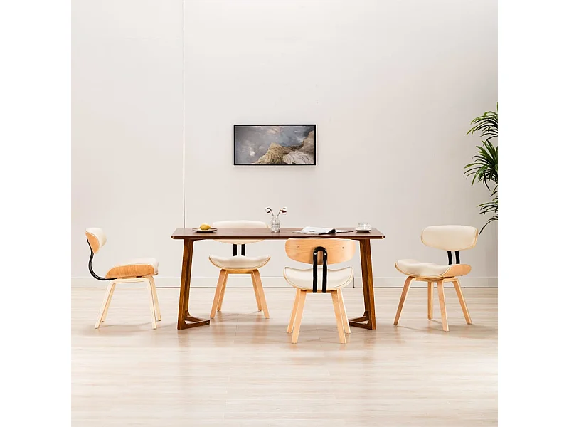 Eetkamerstoelen 4 st gebogen hout en kunstleer crèmekleurig