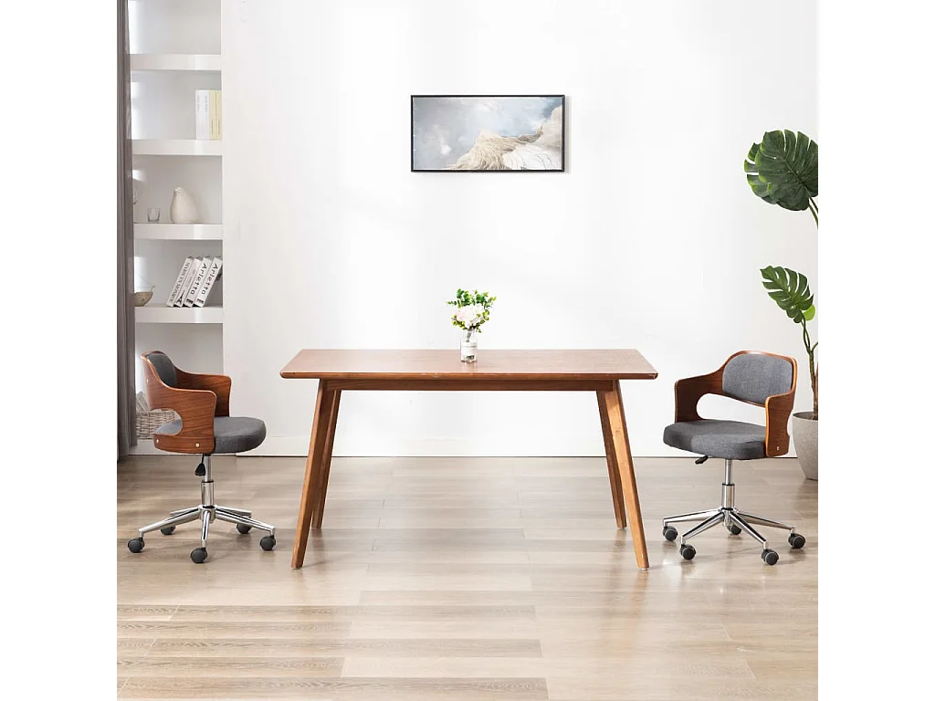 Sillas de comedor giratorias 2 unidades madera curvada y tela gris