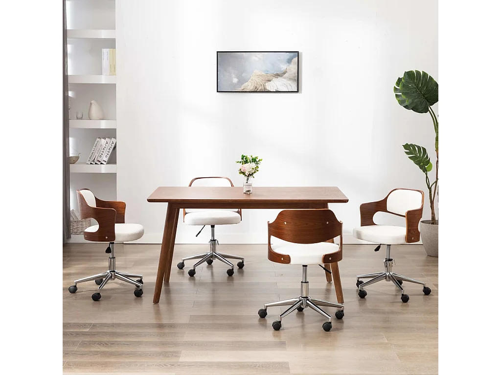 Eetkamerstoelen draaibaar 4 st gebogen hout en kunstleer wit