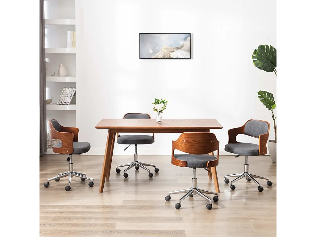 Sillas de comedor giratorias 4 unidades madera curvada y tela gris