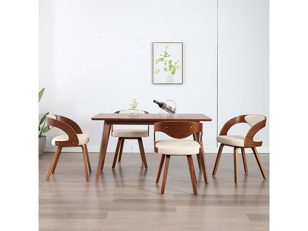 Eetkamerstoelen 4 st gebogen hout en kunstleer crèmekleurig