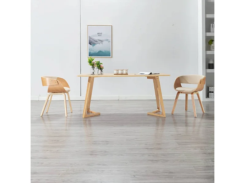 Eetkamerstoel gebogen hout en kunstleer crèmekleurig