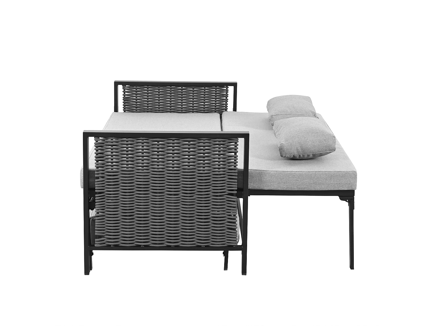 Zestaw ogrodowy - leżak - kanapa ogrodowa - ze stali ocynkowanej i plecionej liny - 2 miejsca - regulowane oparcie - Szary