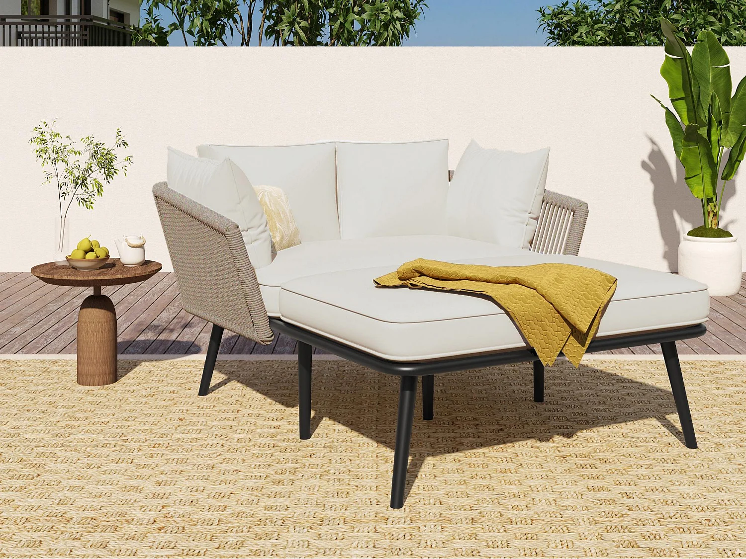 Bain de soleil，canapé de jardin - en acier galvanisé et corde tressé - 2 places - Kaki