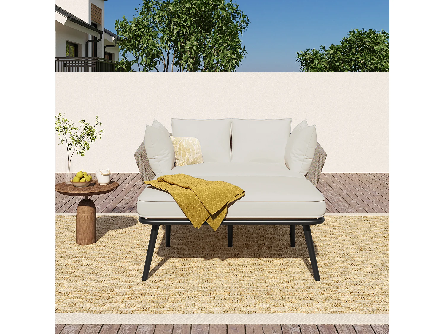 Bain de soleil，canapé de jardin - en acier galvanisé et corde tressé - 2 places - Kaki