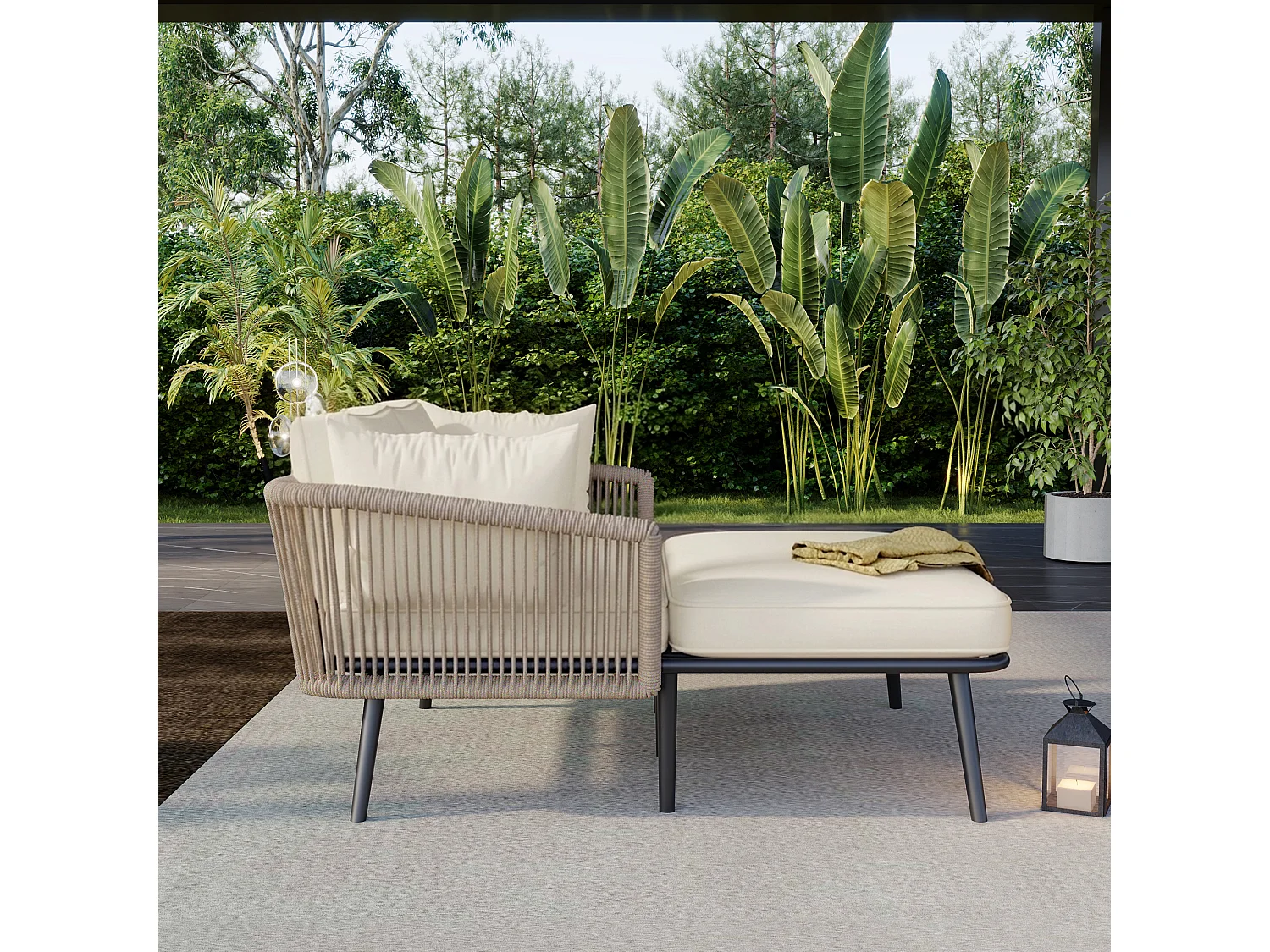 Bain de soleil，canapé de jardin - en acier galvanisé et corde tressé - 2 places - Kaki