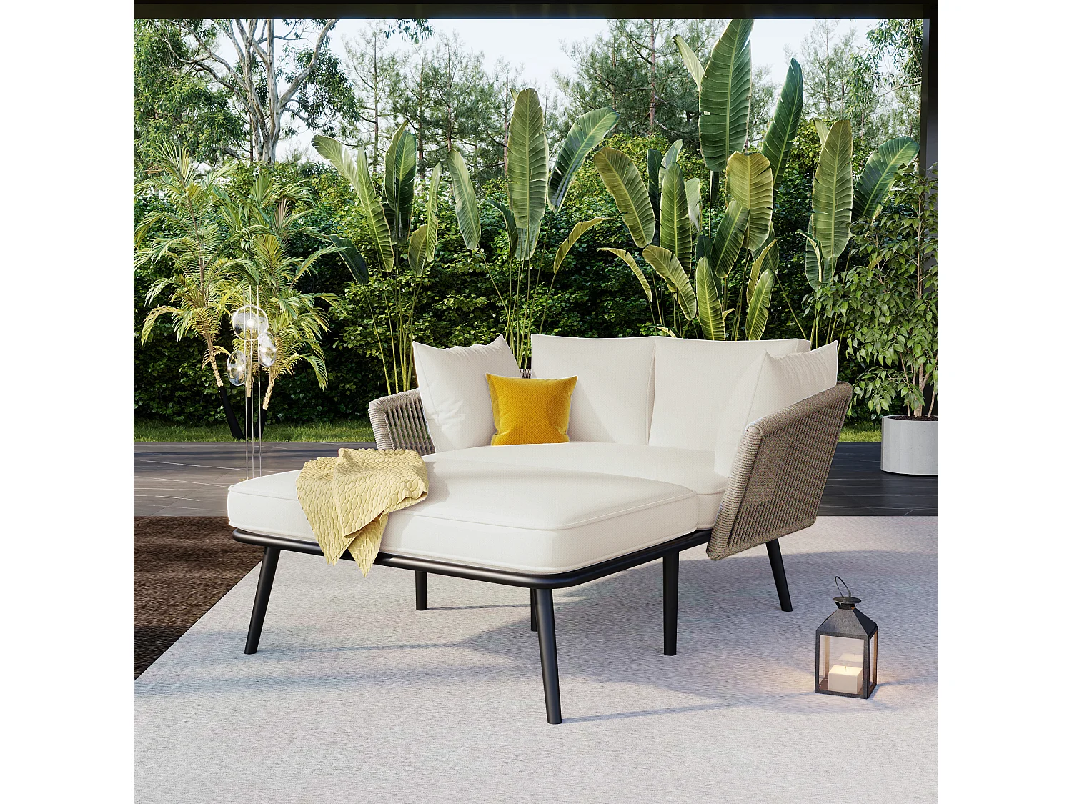 Bain de soleil，canapé de jardin - en acier galvanisé et corde tressé - 2 places - Kaki