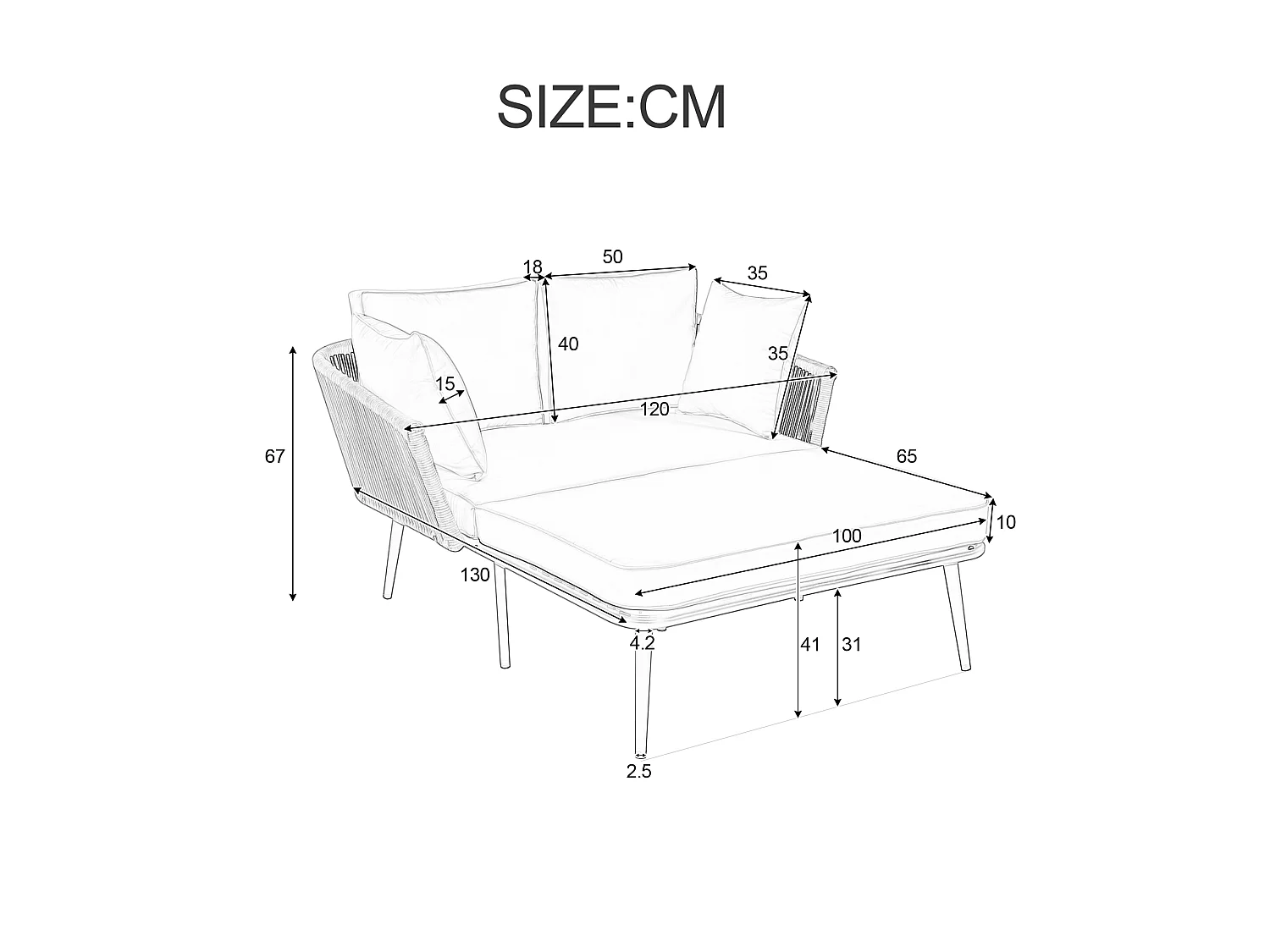 Bain de soleil，canapé de jardin - en acier galvanisé et corde tressé - 2 places - Kaki