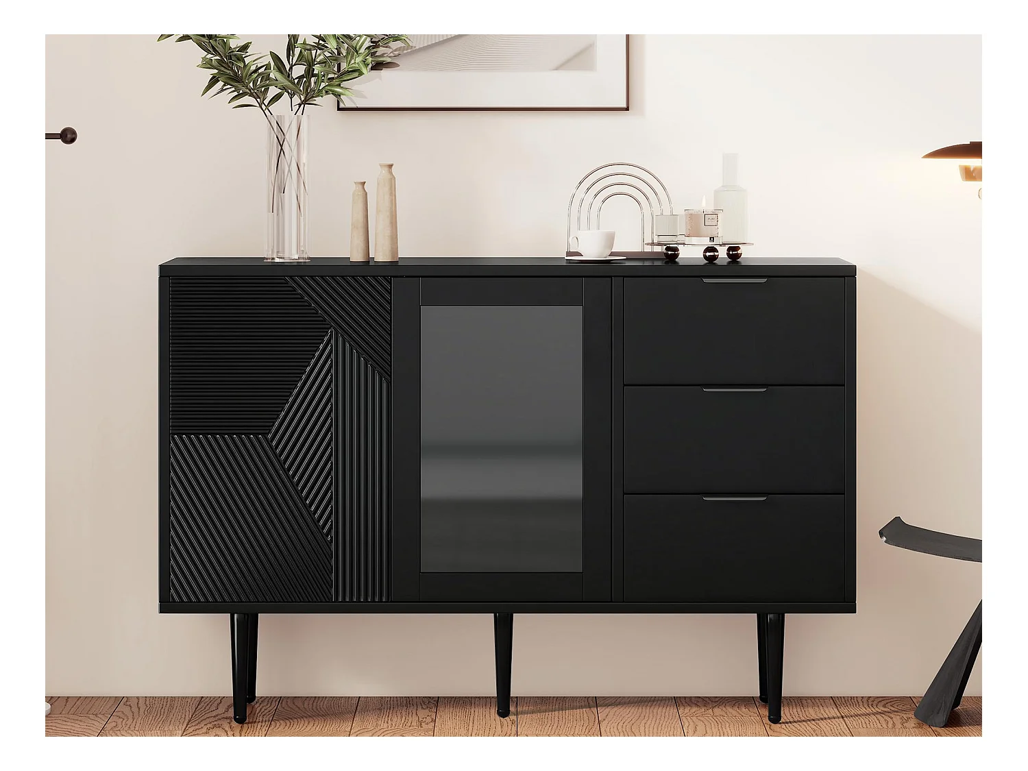 Dressoir 120x38x79,5cm - met 3 lades - met 2 deuren - met metalen poten + glazen deuren - zwart