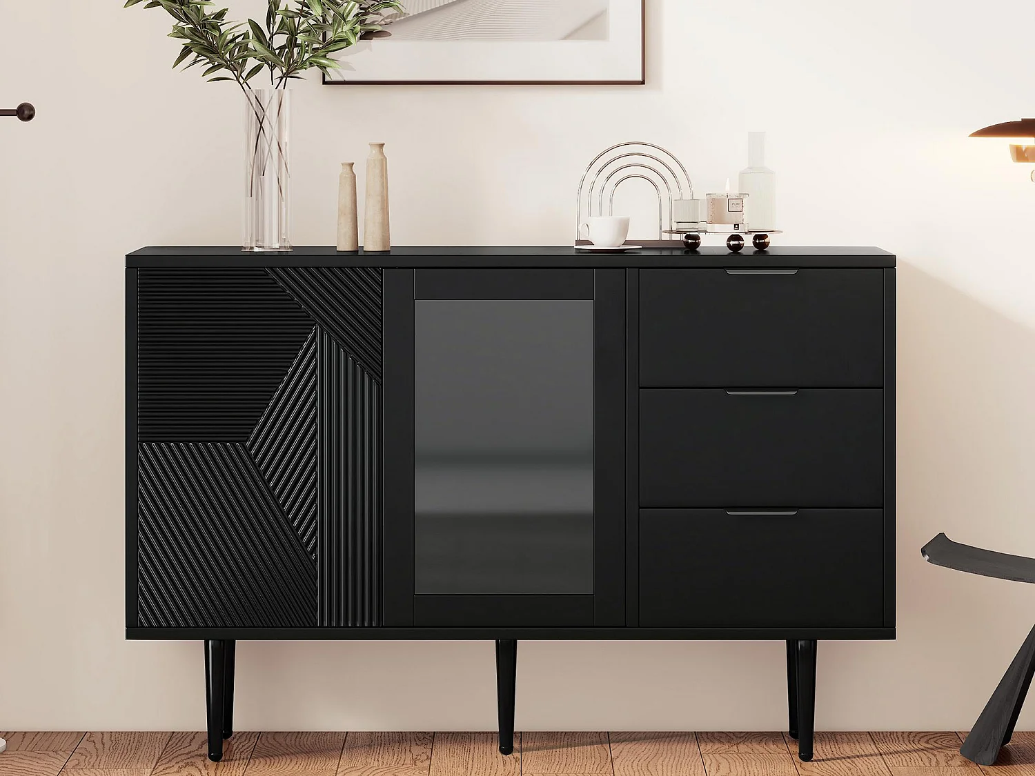 Buffet 120x38x79,5cm - avec 3 tiroirs - avec 2 portes - avec pieds en métal + portes vitrées - noir