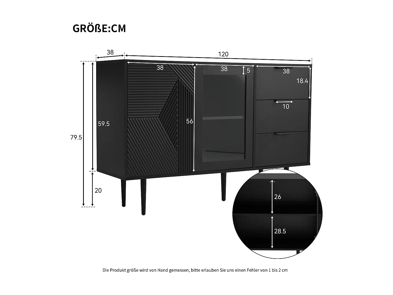 Buffet 120x38x79,5cm - avec 3 tiroirs - avec 2 portes - avec pieds en métal + portes vitrées - noir