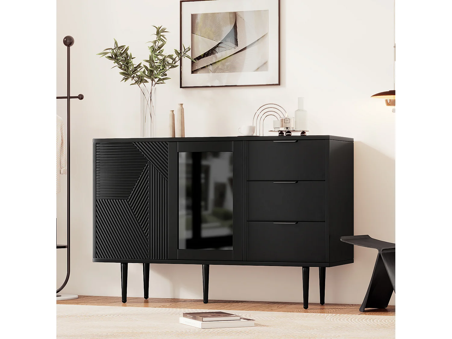 Buffet 120x38x79,5cm - avec 3 tiroirs - avec 2 portes - avec pieds en métal + portes vitrées - noir