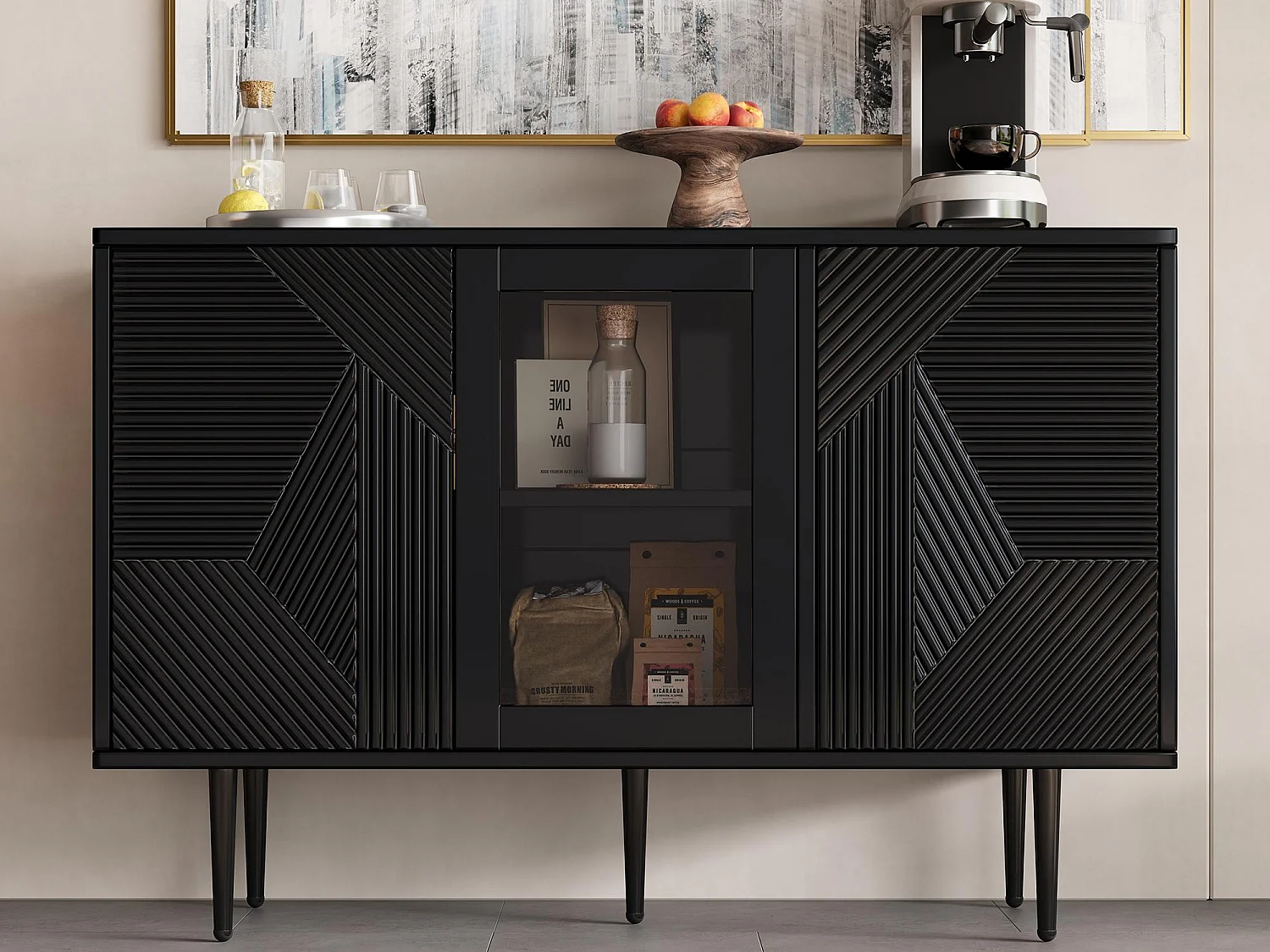 Buffet 120x38x79,5cm - avec 3 portes - avec pieds en métal + portes vitrées - noir